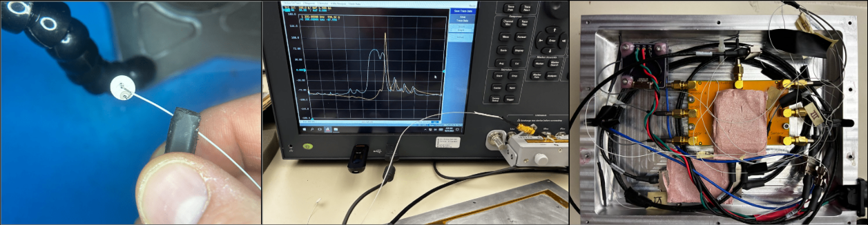 Left: Soldered piezoelectric wafer. Middle: Impedance and phase shift characterization of piezoelectric wafer. Right: Power distribution, microcontroller, and completed wiring